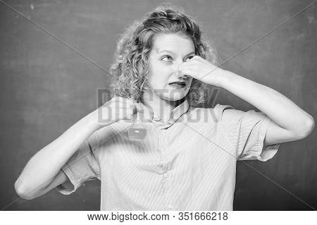 College Student Performing Chemical Reaction. Chemical Liquid Smelling Really Bad. Disgusting Experi