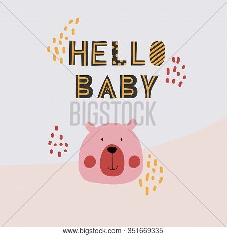 Cute Pink Bear Kawaii With Lettering Hello, Isolated Against A Grey Background. Vector Hand Drawn Il