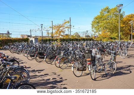 Venlo, Limburg, Netherlands - October 13, 2018: Rows Of Parked Bicycles In The Dutch City Close To T