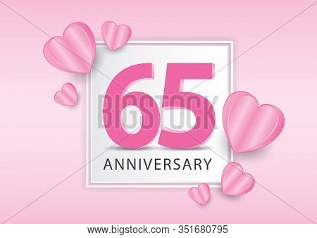 65 Years Anniversary Logo Celebration With Heart Background. Valentine’s Day Anniversary Banner Vect