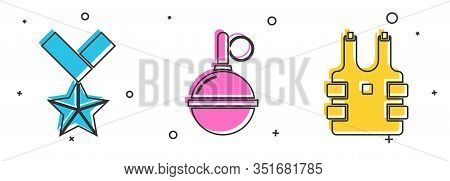 Set Military Reward Medal , Hand Grenade And Bulletproof Vest For Protection From Bullets Icon. Vect