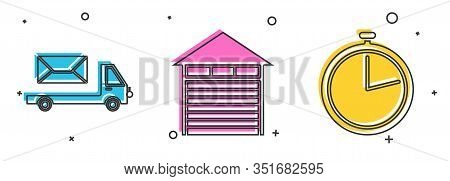 Set Post Truck , Closed Warehouse And Stopwatch Icon. Vector