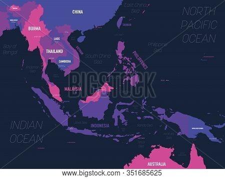 Southeast Asia Map. High Detailed Political Map Of Southeastern Region With Country, Capital, Ocean 