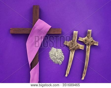 Good Friday, Palm Sunday, Ash Wednesday, Lent Season And Holy Week Concept.  A Christian Cross, Ashe