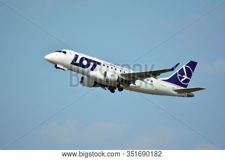 Warsaw, Poland. 21 July 2018. Airplane Sp-ldh Lot - Polish Airlines Embraer Erj-170lr Taking Off Fro