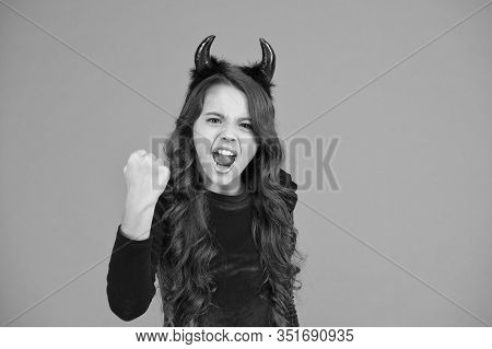 Unleashed Fun. Autumn Holiday Celebration. Small Child Red Horns. Cute Imp. Trick Or Treat. Happy Ha