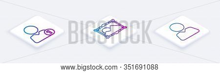Set Isometric Line Add To Friend, Picture Landscape And Add To Friend. White Square Button. Vector