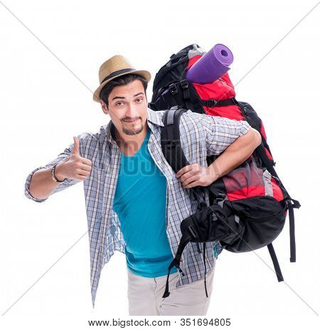 Backpacker with large backpack isolated on white
