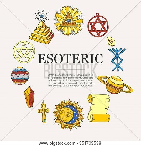 Esoteric Symbols And Occult Objects Poster, Vector Illustration. Cartoon Esotery Manuscript, Eye In 