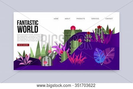 Fantastic Word Mysterious Earth With Plants Vector Webpage Template For Online Games. Bizzare Landsc