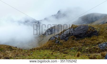 Cajas National Park, Azuay Province, Ecuador.  On The Way To The Valley Burines In Cloudy And Rainy 