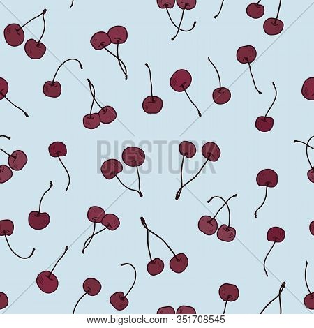 Vector Cherries On Blue Seamless Pattern Print Background.