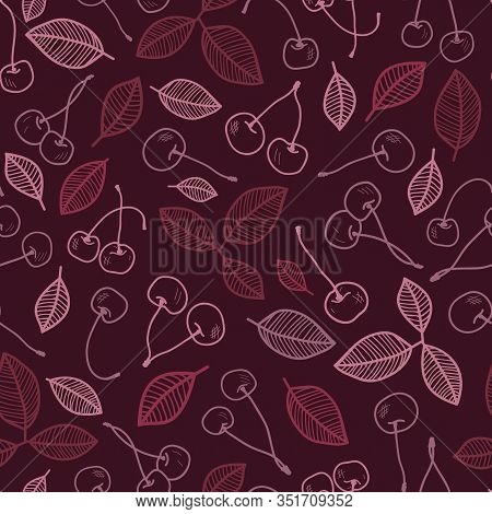 Vector Dark Red Cherries Seamless Pattern Print Background.