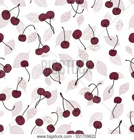 Vector Cherries And Leafs On White Seamless Pattern Print Background.