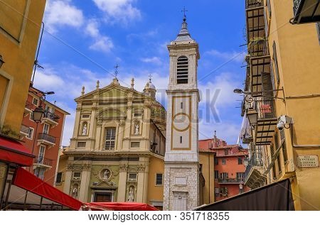 View Onto Famous Place Rossetti And Sainte Reparate Cathedral Basilique In Nice, French Riviera