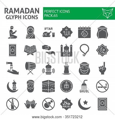Ramadan Glyph Icon Set, Islamic Holiday Symbols Collection, Vector Sketches, Logo Illustrations, Isl