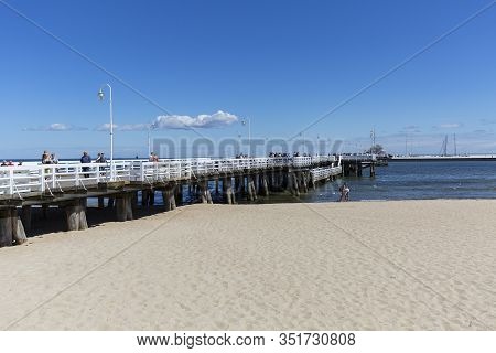 Sopot, Poland - June 6, 2018: Wooden Sopot Pier In Sunny Day., Baltic Sea. It Is The Longest Wooden 