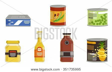 Canned Food Collection, Preserved Goods In Sealed Cans And Jars Vector Illustration Isolated On Whit