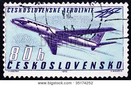 Briefmarke Tschechoslowakei 1963 Tupolew Tu-104 b-Strahltriebwerk