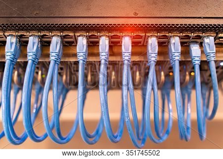 network cable connecting on network core switch close up