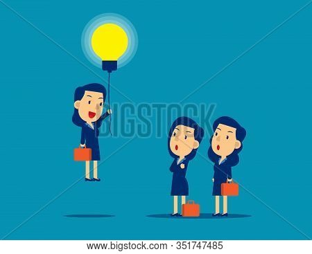 Flying Out From The Crowd By Light Bulb Of Ideas. Concept Kid Business Successful Vector Illustratio