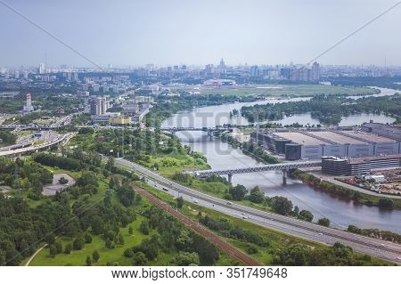 Beautiful Summer Panoramic Landscape. Birds-eye View Of Myakininsky Metro Bridge And Spassky Bridge
