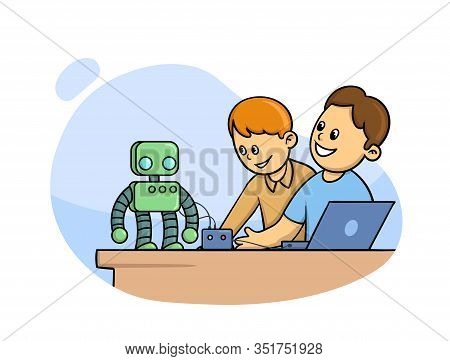 Happy Kids In Classroom Studying Robotics, Science With Cute Little Robot In Front Of Them. Cartoon 