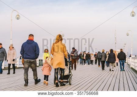 Wooden Pier In Sopot In The Spring. Good Windy Weather. Winter Day On Old Wooden Pier In Sopot, Pola