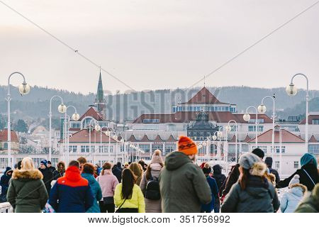 Wooden Pier In Sopot In The Spring. Good Windy Weather. Winter Day On Old Wooden Pier In Sopot, Pola