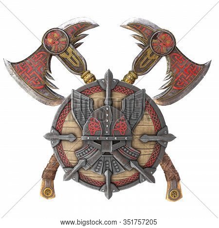 Viking Battle Ax And Shield On An Isolated White Background. 3d Illustration