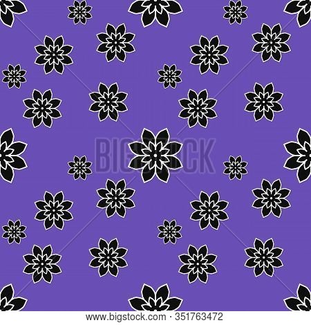 Seamless Repeat Pattern With Black Flowers On Purple Background. Drawn Fabric, Gift Wrap, Wall Art D