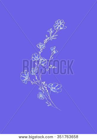 Tree Branch With Flowers And Leaves, Graphic Hand Drawn, Blossom Tree On Lilac Background. Simple Pe