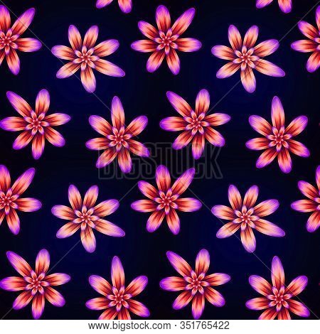 Seamless Repeat Pattern With Violet And Gold Flowers On Black Background. For Drawn Fabric, Gift Wra