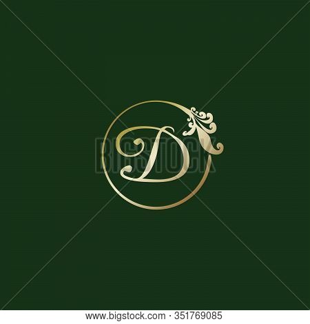 Letter D Decorative Alphabet Logo Isolated On Green Background. Luxury Gold Ring Initial Abjad Logo 