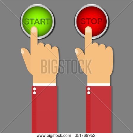 Hand Pressing The Red Button, Flat Style, Start And Stop - Vector