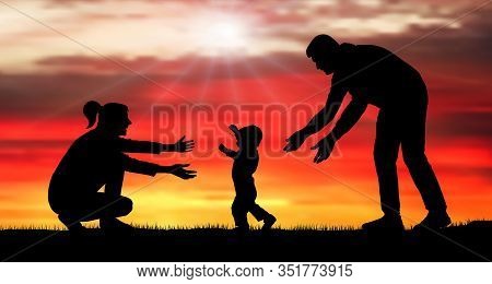 Baby First Steps. Family Event Baby Goes To Mom. Silhouette Vector Illustration. (clipping Mask)