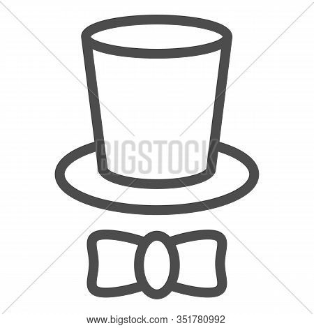 Magician Cap Line Icon. Black Mans Retro Gentleman Hat Cylinder And Bow. Birthday Party Vector Desig