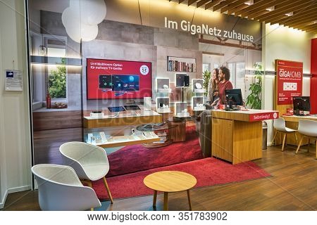 BERLIN, GERMANY - SEPTEMBER 20, 2019: interior shot of Vodafone Shop in Berlin. Vodafone Group plc is a multinational telecommunications company.