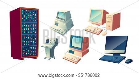 Computers Evolution Cartoon Concept. Vintage Old Computing Stations, Retro System Units And Monitors