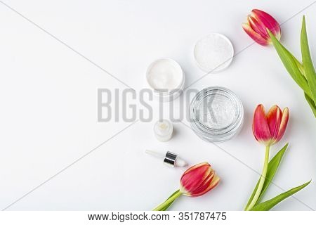 Natural Organic Homemade Cosmetics Concept. Skin Care, Remedy And Beauty Products: Containers With C