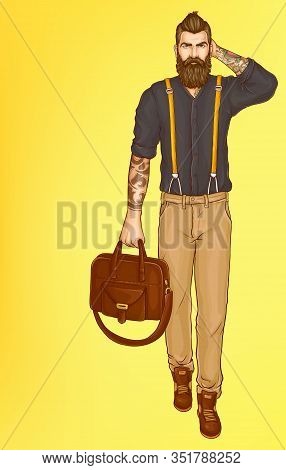 Serious Bearded And Tattooed Hipster Man, In Shirt With Rolled Up Sleeves, Pants With Suspenders, Wa