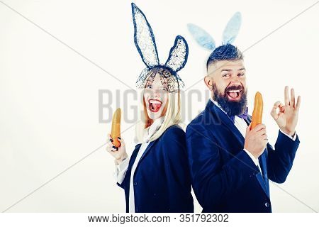 Funny Easter Bunny. Funny Couple In Banny Ears. Happy Easter And Funny Easter Day. Bunny Rabbit Ears