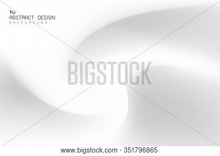 Abstract Gradient White And Gray Swirl Background With Decorative Black Halftone Design Artwork. Dec