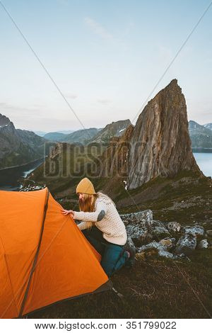 Camping Tent In Mountains Woman Traveling In Norway Adventure Healthy Lifestyle Active Summer Vacati