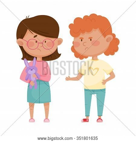 Little Girl With Aggressive Face Expression Going To Take Away Toy Hare From Her Agemate Vector Illu
