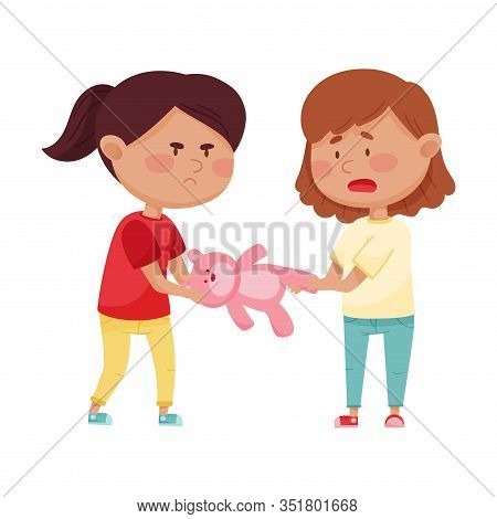 Little Girl With Aggressive Face Expression Taking Away Toy Bear From Her Agemate Vector Illustratio