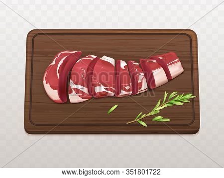 Raw Marbled Meat Fillet Sliced On Pieces Or Portions To Cook Steak Or Grill With On Wooden Cutting B