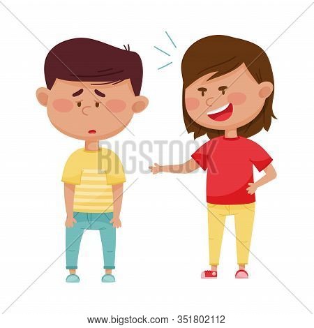 Little Girl Teasing And Laughing At Her Agemate Vector Illustration