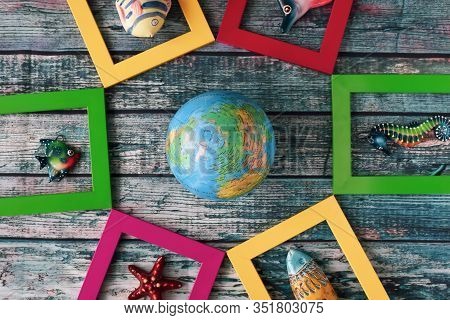 Marine Theme - Ceramic Fish In Multi-colored Frames And A Globe.