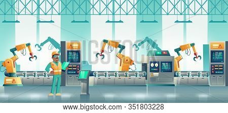 Computer Numerical Control Technologies On Modern Plant Production, Loading Line Cartoon Concept. Te